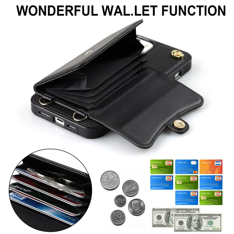 Phone Shell for iPhone 15 Plus , Card Slots PU Leather+TPU Phone Case Kickstand Cover with Short+Long Straps - Black