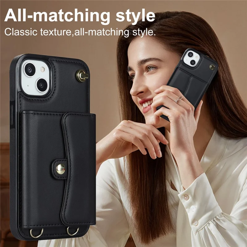Phone Shell for iPhone 15 Plus , Card Slots PU Leather+TPU Phone Case Kickstand Cover with Short+Long Straps - Black