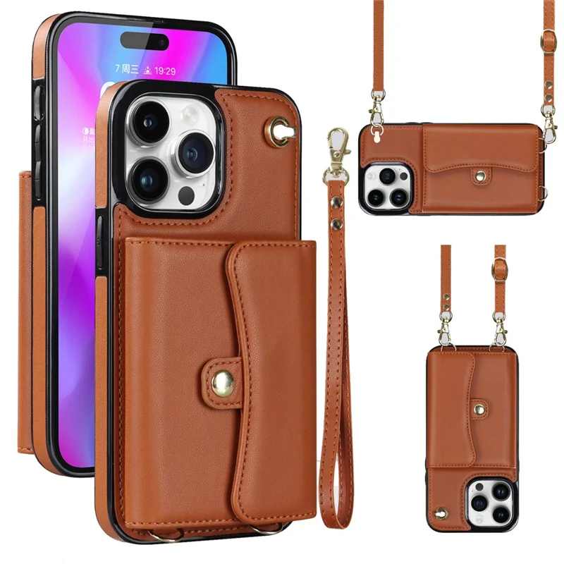Phone Shell for iPhone 15 Pro Max , Card Slots PU Leather+TPU Kickstand Cover with Short+Long Straps - Brown