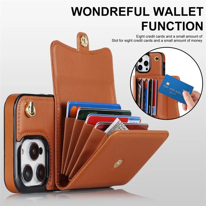 Phone Shell for iPhone 15 Pro Max , Card Slots PU Leather+TPU Kickstand Cover with Short+Long Straps - Brown