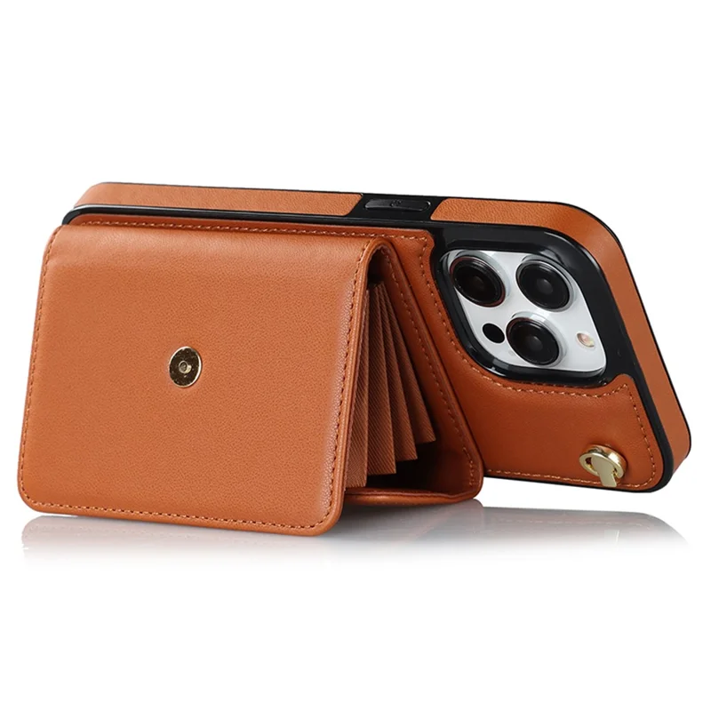 Phone Shell for iPhone 15 Pro Max , Card Slots PU Leather+TPU Kickstand Cover with Short+Long Straps - Brown