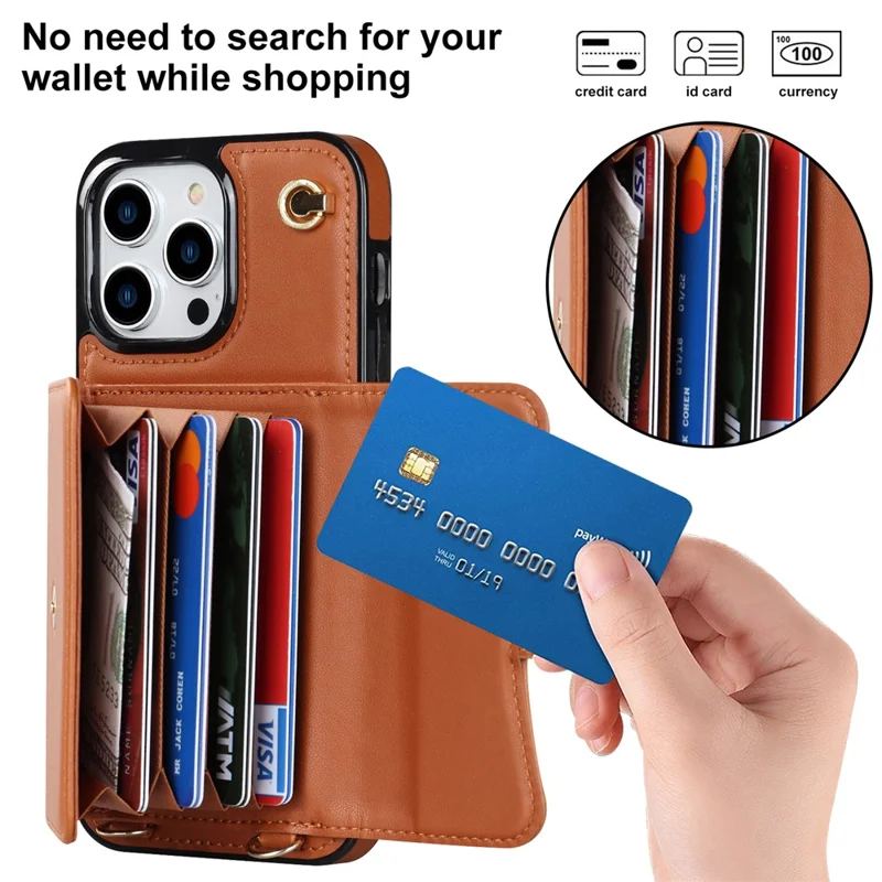 Phone Shell for iPhone 15 Pro Max , Card Slots PU Leather+TPU Kickstand Cover with Short+Long Straps - Brown