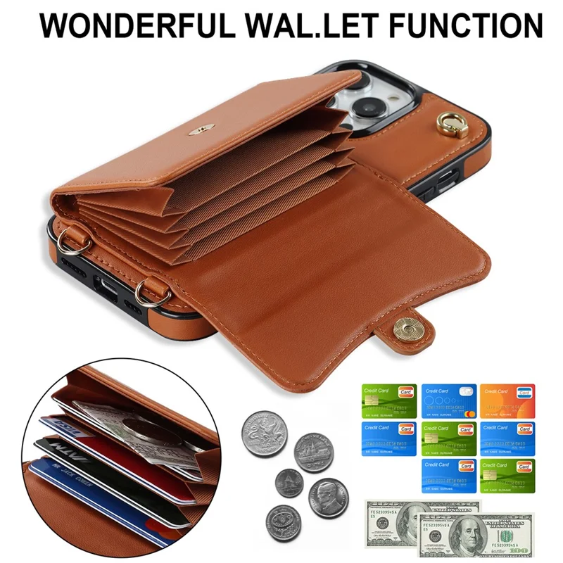 Phone Shell for iPhone 15 Pro Max , Card Slots PU Leather+TPU Kickstand Cover with Short+Long Straps - Brown