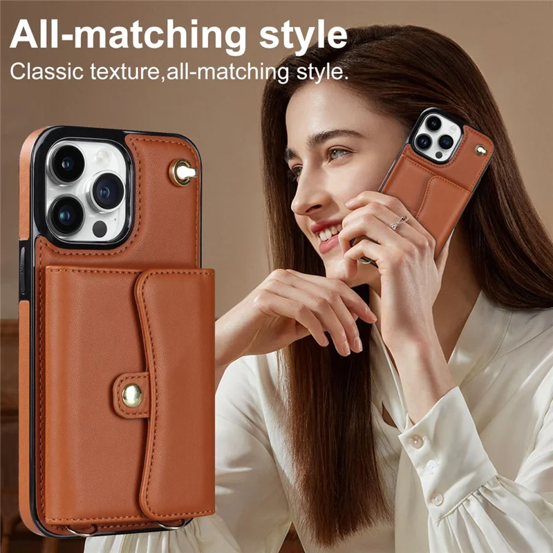 Phone Shell for iPhone 15 Pro Max , Card Slots PU Leather+TPU Kickstand Cover with Short+Long Straps - Brown