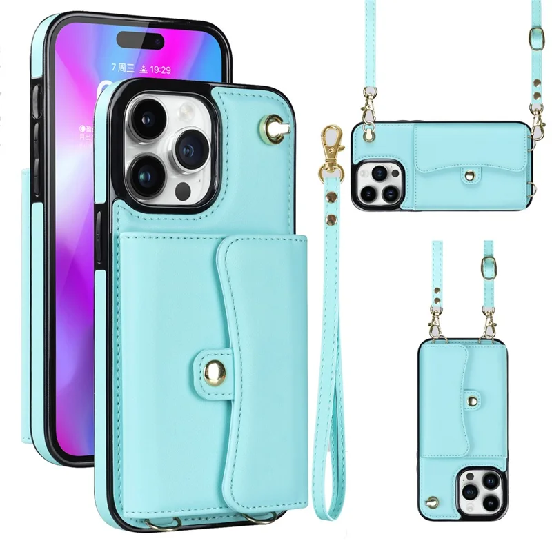 Phone Shell for iPhone 15 Pro , Card Slots Anti-scratch PU Leather+TPU Kickstand Cover with Short+Long Straps - Blue