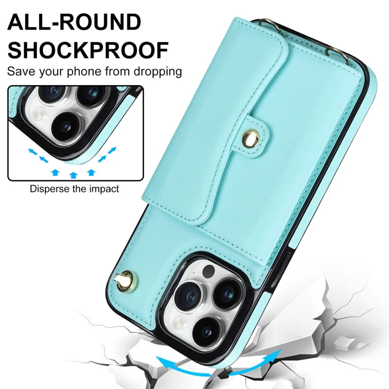 Phone Shell for iPhone 15 Pro , Card Slots Anti-scratch PU Leather+TPU Kickstand Cover with Short+Long Straps - Blue