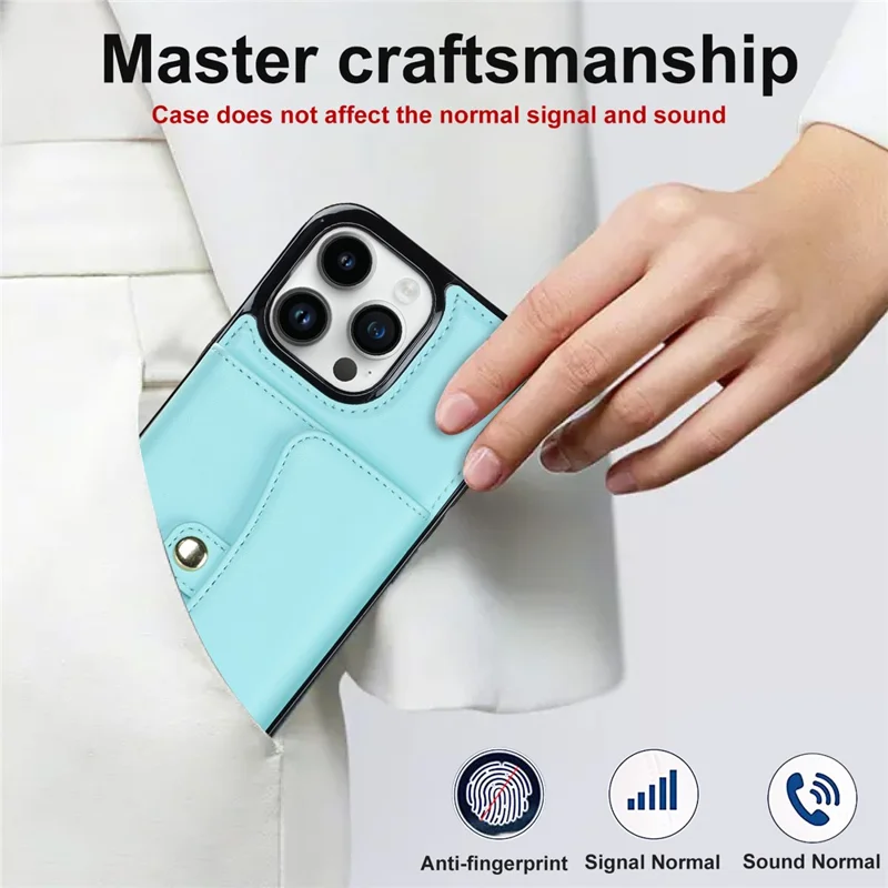 Phone Shell for iPhone 15 Pro , Card Slots Anti-scratch PU Leather+TPU Kickstand Cover with Short+Long Straps - Blue