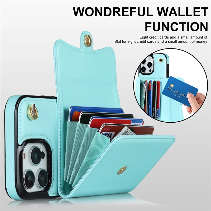 Phone Shell for iPhone 15 Pro , Card Slots Anti-scratch PU Leather+TPU Kickstand Cover with Short+Long Straps - Blue
