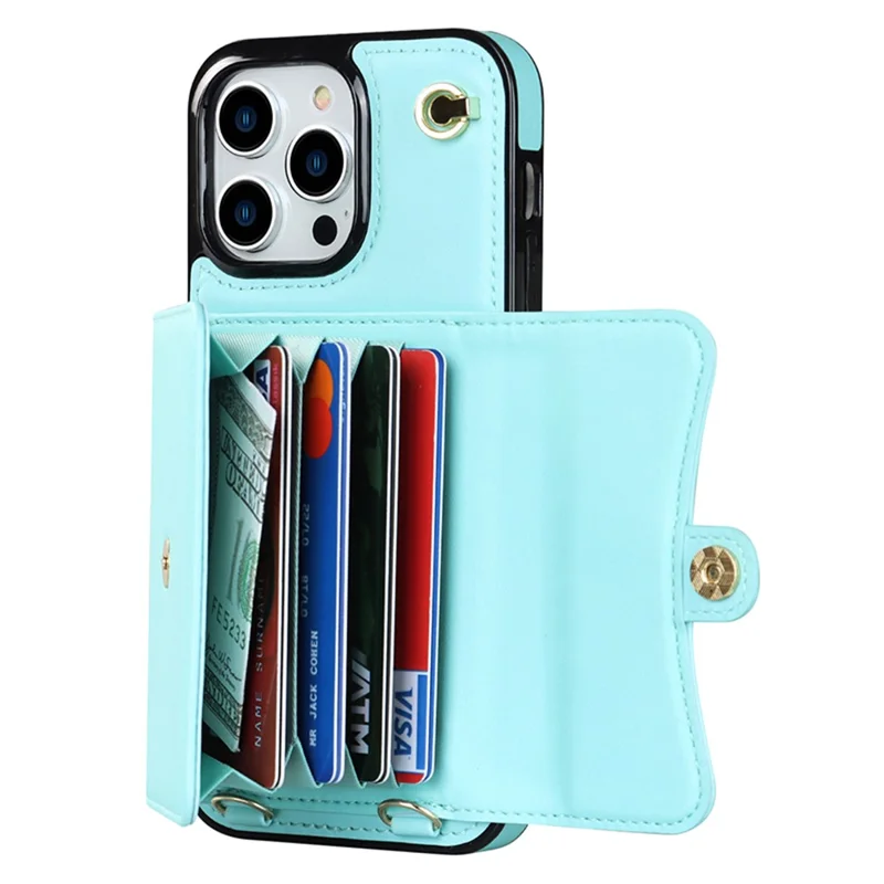 Phone Shell for iPhone 15 Pro , Card Slots Anti-scratch PU Leather+TPU Kickstand Cover with Short+Long Straps - Blue