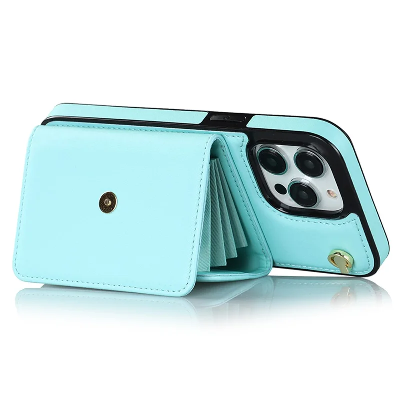 Phone Shell for iPhone 15 Pro , Card Slots Anti-scratch PU Leather+TPU Kickstand Cover with Short+Long Straps - Blue