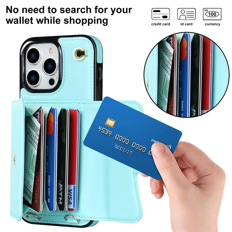 Phone Shell for iPhone 15 Pro , Card Slots Anti-scratch PU Leather+TPU Kickstand Cover with Short+Long Straps - Blue
