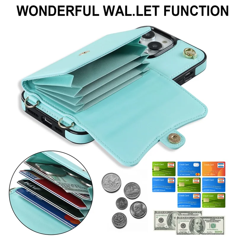 Phone Shell for iPhone 15 Pro , Card Slots Anti-scratch PU Leather+TPU Kickstand Cover with Short+Long Straps - Blue
