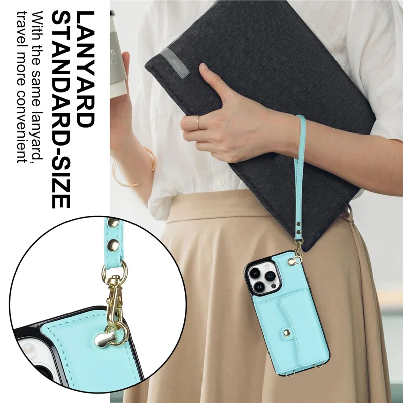 Phone Shell for iPhone 15 Pro , Card Slots Anti-scratch PU Leather+TPU Kickstand Cover with Short+Long Straps - Blue