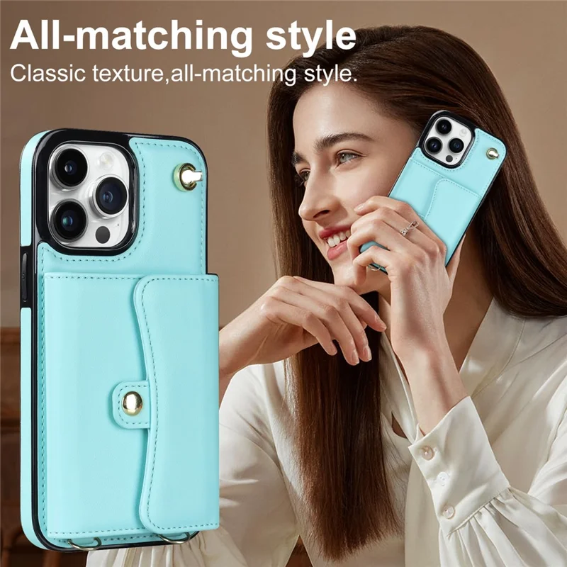 Phone Shell for iPhone 15 Pro , Card Slots Anti-scratch PU Leather+TPU Kickstand Cover with Short+Long Straps - Blue