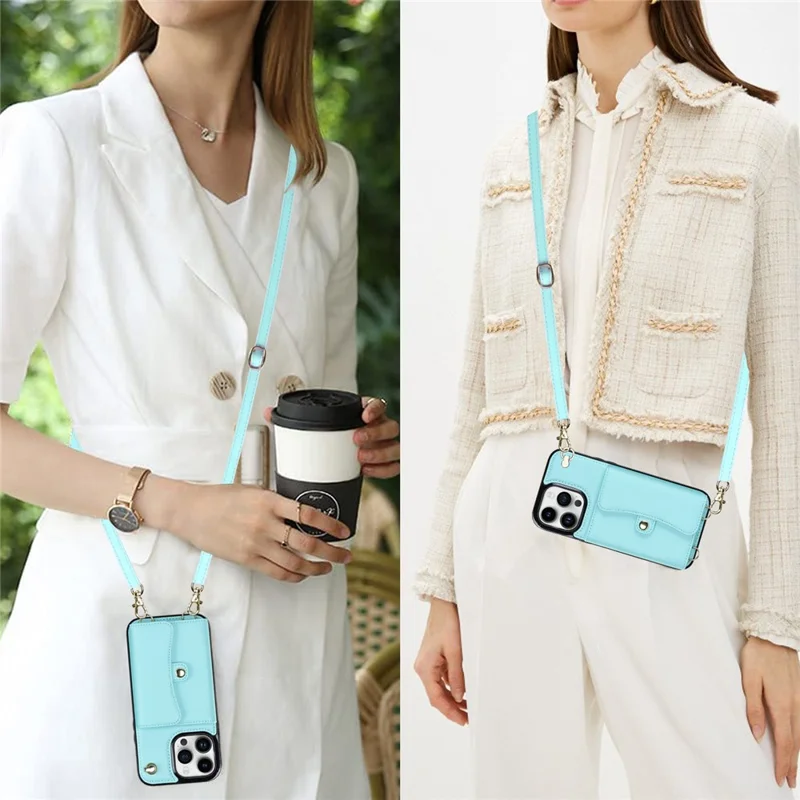 Phone Shell for iPhone 15 Pro , Card Slots Anti-scratch PU Leather+TPU Kickstand Cover with Short+Long Straps - Blue