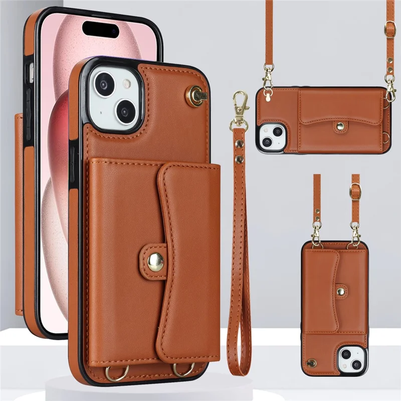 Phone Shell for iPhone 15 , Card Slots Drop Proof PU Leather+TPU Kickstand Cover with Short+Long Straps - Brown