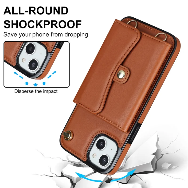 Phone Shell for iPhone 15 , Card Slots Drop Proof PU Leather+TPU Kickstand Cover with Short+Long Straps - Brown