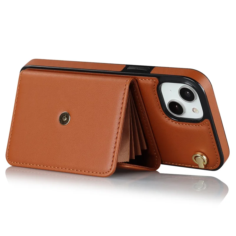 Phone Shell for iPhone 15 , Card Slots Drop Proof PU Leather+TPU Kickstand Cover with Short+Long Straps - Brown
