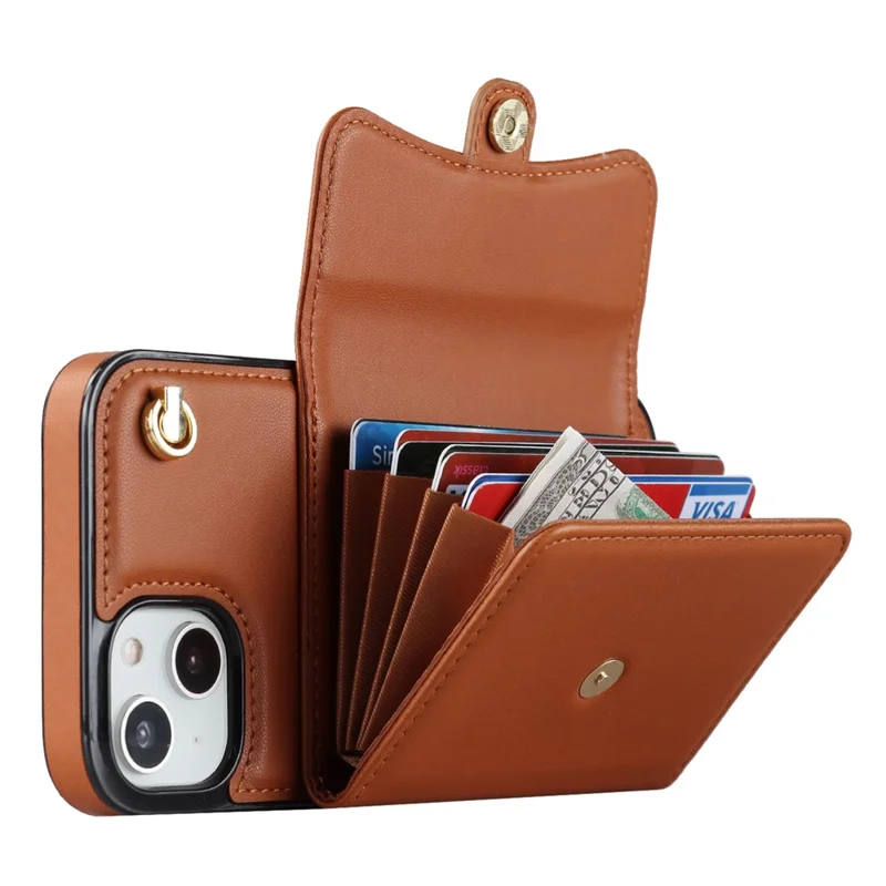 Phone Shell for iPhone 15 , Card Slots Drop Proof PU Leather+TPU Kickstand Cover with Short+Long Straps - Brown