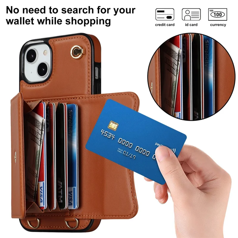 Phone Shell for iPhone 15 , Card Slots Drop Proof PU Leather+TPU Kickstand Cover with Short+Long Straps - Brown