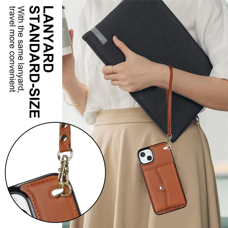 Phone Shell for iPhone 15 , Card Slots Drop Proof PU Leather+TPU Kickstand Cover with Short+Long Straps - Brown