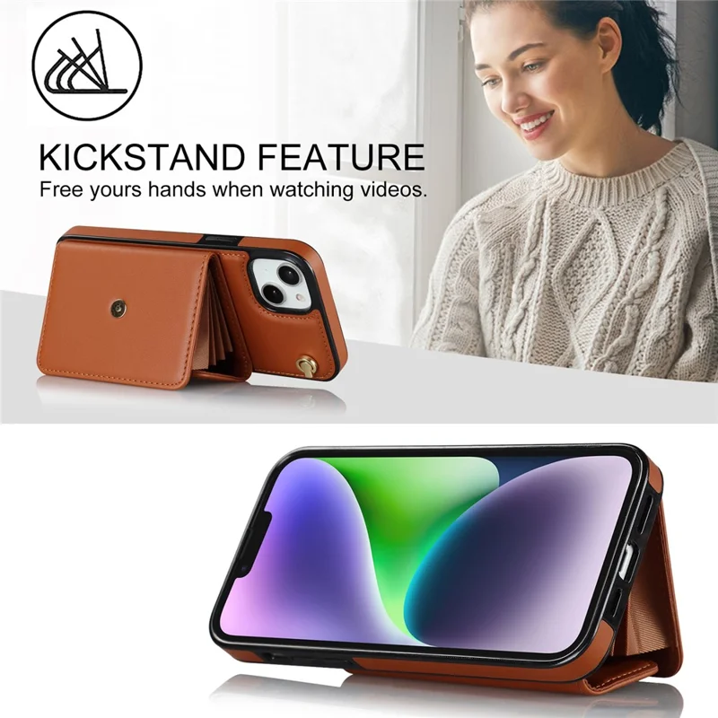 Phone Shell for iPhone 15 , Card Slots Drop Proof PU Leather+TPU Kickstand Cover with Short+Long Straps - Brown