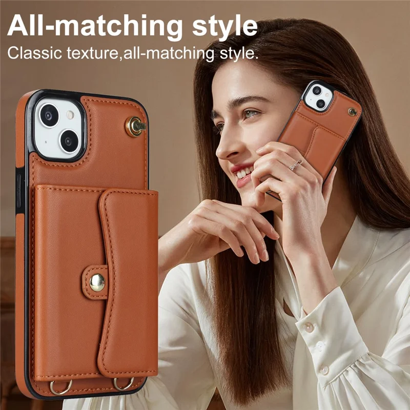 Phone Shell for iPhone 15 , Card Slots Drop Proof PU Leather+TPU Kickstand Cover with Short+Long Straps - Brown