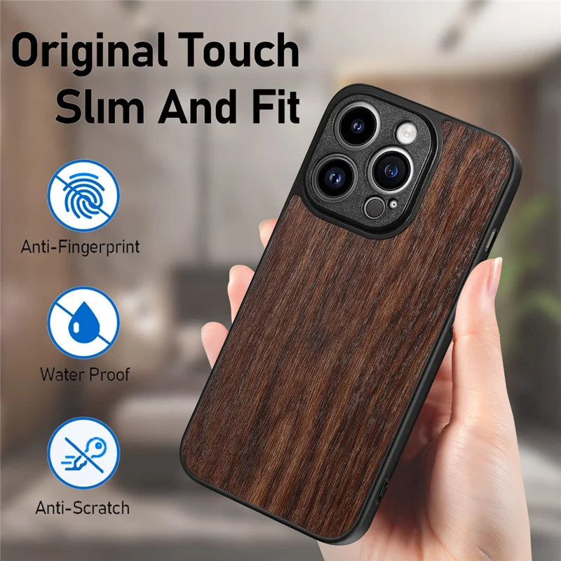 For iPhone 15 Plus Wood Texture PU Leather Coated TPU Cover Anti-scratch Smartphone Case - Water Hyacinth Wood Grain