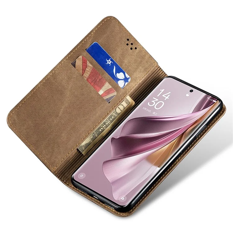 Für Oppo Reno10 Pro+ 5G Jeans Cloth Texture Flip Wallet Case PU Leather Protective Stand Cell Phone Cover - Khaki