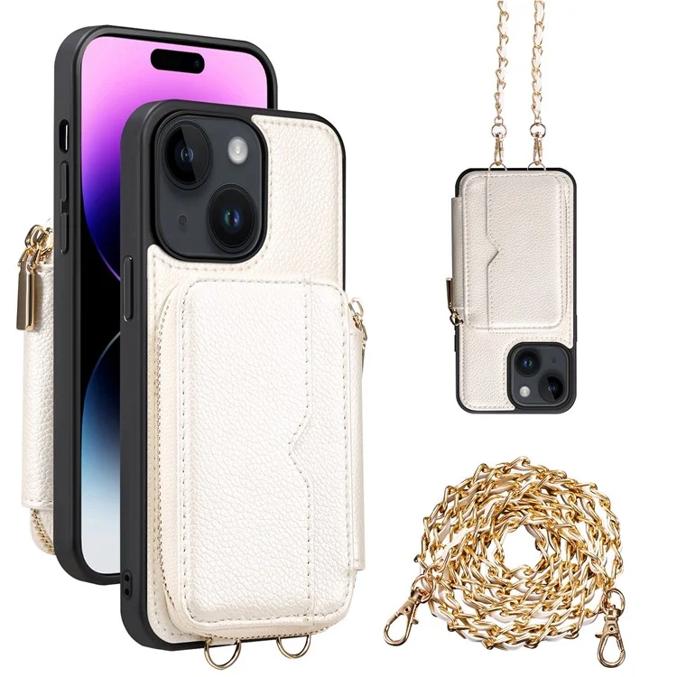 Para iPhone 15 Plus Kickstand Zipper Wallet Back Cover PU Leather+TPU Phone Case with Chain Strap - White