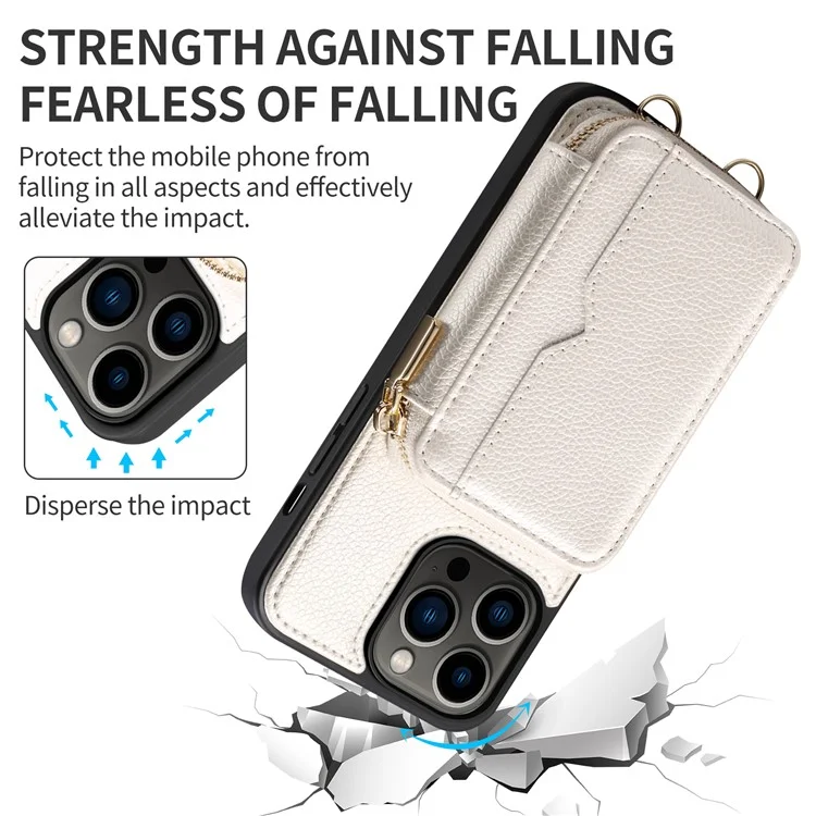 Para iPhone 15 Plus Kickstand Zipper Wallet Back Cover PU Leather+TPU Phone Case with Chain Strap - White
