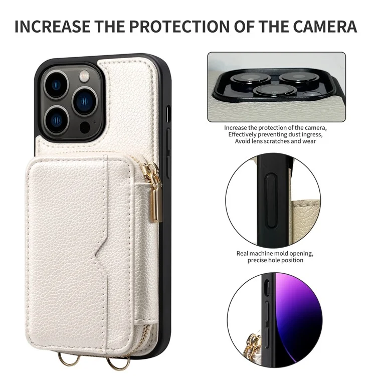Para iPhone 15 Plus Kickstand Zipper Wallet Back Cover PU Leather+TPU Phone Case with Chain Strap - White