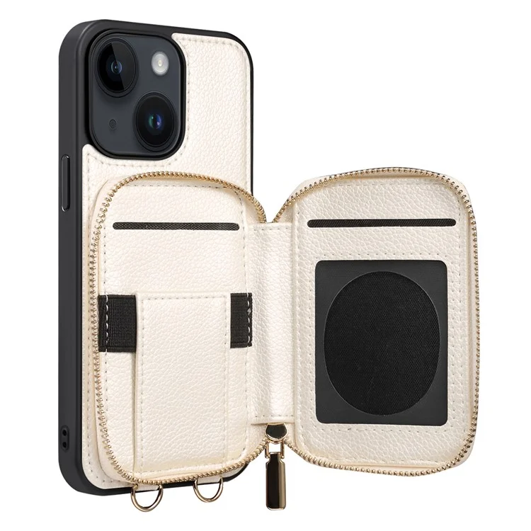 Para iPhone 15 Plus Kickstand Zipper Wallet Back Cover PU Leather+TPU Phone Case with Chain Strap - White