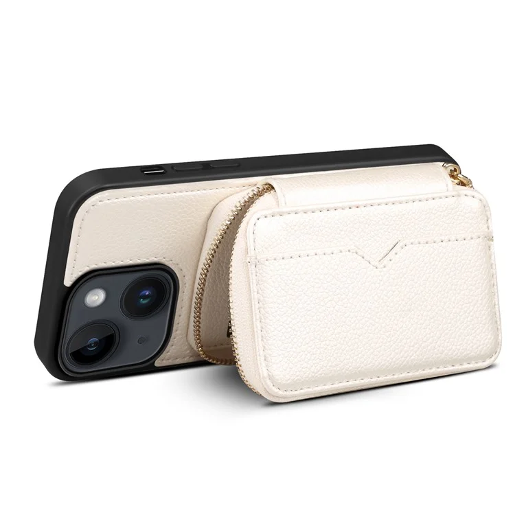 Para iPhone 15 Plus Kickstand Zipper Wallet Back Cover PU Leather+TPU Phone Case with Chain Strap - White