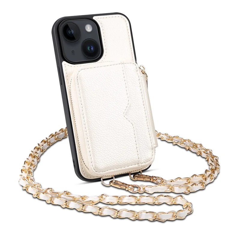 Para iPhone 15 Plus Kickstand Zipper Wallet Back Cover PU Leather+TPU Phone Case with Chain Strap - White