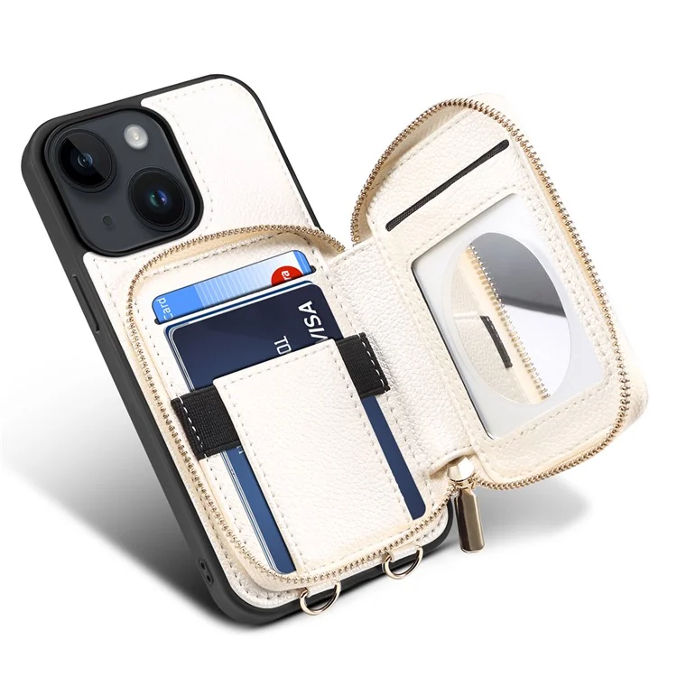 Para iPhone 15 Plus Kickstand Zipper Wallet Back Cover PU Leather+TPU Phone Case with Chain Strap - White