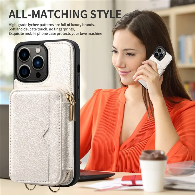 Para iPhone 15 Plus Kickstand Zipper Wallet Back Cover PU Leather+TPU Phone Case with Chain Strap - White