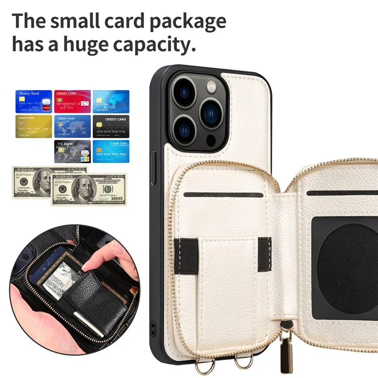 Para iPhone 15 Plus Kickstand Zipper Wallet Back Cover PU Leather+TPU Phone Case with Chain Strap - White