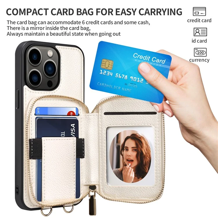 Para iPhone 15 Plus Kickstand Zipper Wallet Back Cover PU Leather+TPU Phone Case with Chain Strap - White
