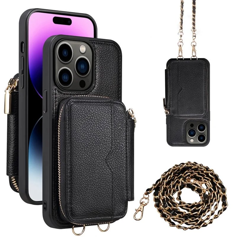 Per iPhone 15 Pro Custodia Antishock con Porta Carte in Pelle PU+TPU con Cerniera e Tracolla - Nero