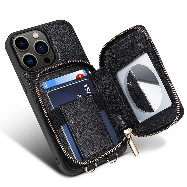 Per iPhone 15 Pro Custodia Antishock con Porta Carte in Pelle PU+TPU con Cerniera e Tracolla - Nero
