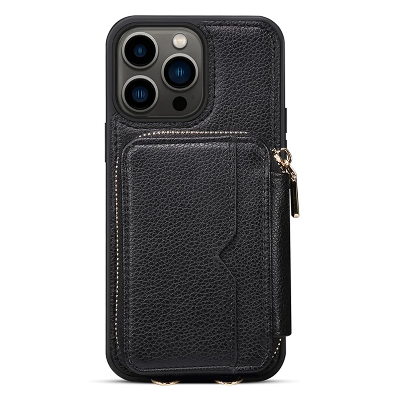 Per iPhone 15 Pro Custodia Antishock con Porta Carte in Pelle PU+TPU con Cerniera e Tracolla - Nero