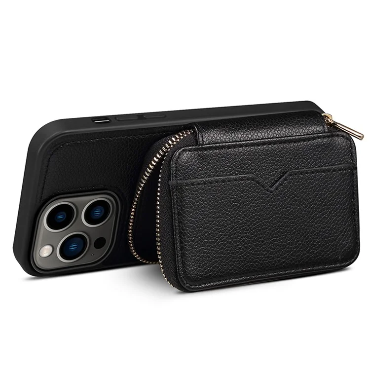 Per iPhone 15 Pro Custodia Antishock con Porta Carte in Pelle PU+TPU con Cerniera e Tracolla - Nero