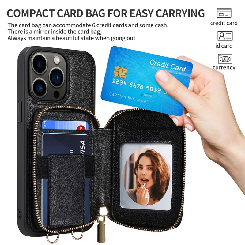 Per iPhone 15 Pro Custodia Antishock con Porta Carte in Pelle PU+TPU con Cerniera e Tracolla - Nero