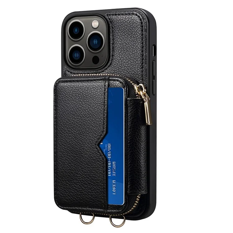 Per iPhone 15 Pro Custodia Antishock con Porta Carte in Pelle PU+TPU con Cerniera e Tracolla - Nero