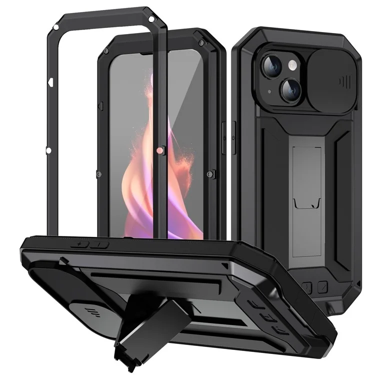 R-JUST Pour iPhone 15 Plus Slide Camera Lid Kickstand Case Silicone+Metal+Plastic+Verre trempé Film de protection d'écran Anti-chute Couvercle - Noir