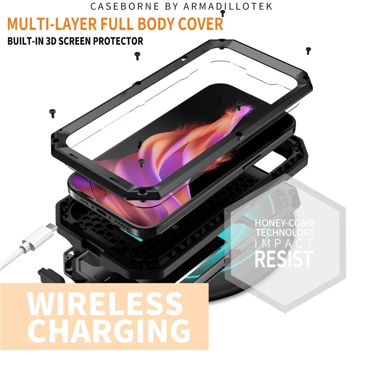 R-JUST Pour iPhone 15 Plus Slide Camera Lid Kickstand Case Silicone+Metal+Plastic+Verre trempé Film de protection d'écran Anti-chute Couvercle - Noir