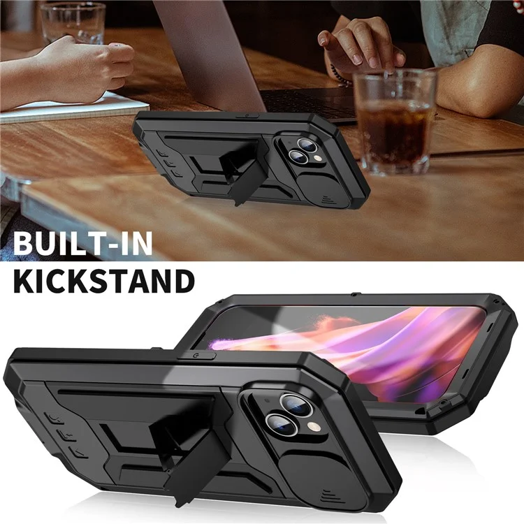 R-JUST Pour iPhone 15 Plus Slide Camera Lid Kickstand Case Silicone+Metal+Plastic+Verre trempé Film de protection d'écran Anti-chute Couvercle - Noir