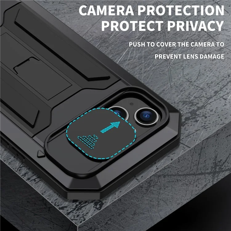 R-JUST Pour iPhone 15 Plus Slide Camera Lid Kickstand Case Silicone+Metal+Plastic+Verre trempé Film de protection d'écran Anti-chute Couvercle - Noir