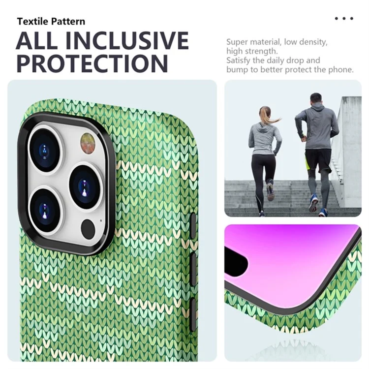 For iPhone 15 Pro Max Textile Pattern Bump Proof Phone Case Silicone Back Cover - Dark Green
